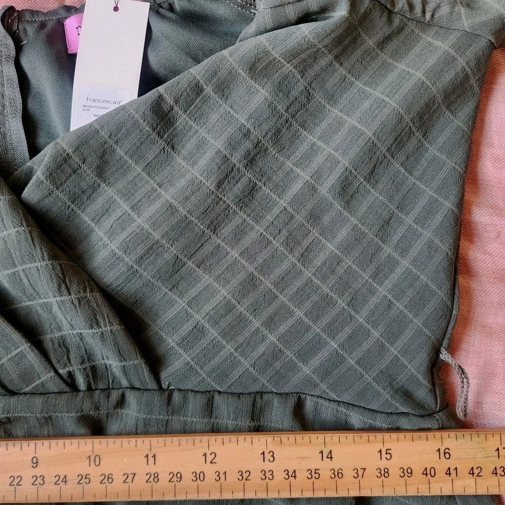 NWT Francesca's Ruffle Olive Green Faye Mini Dress‎ Size L Ruffle Belted V Neck